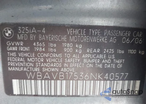 2006 BMW 325I from USA, damaged, VIN WBAVB17536NK40577